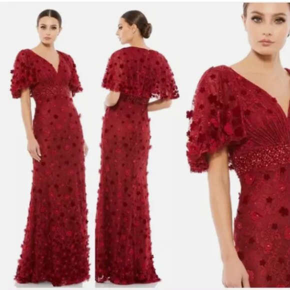 MAC DUGGAL 67712 EMBELLIHSED 3D FLORAL BURGUNDY FLUTTER SLEEVE GOWN sz 2 - Picture 3 of 3